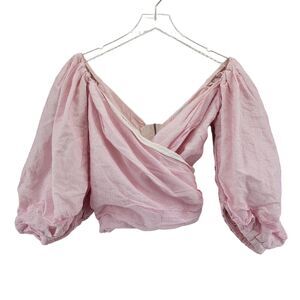Scanlan Theodore Womens Cropped Top Size 2 Pink Puffed Sleeves Faux Wrap V-Neck